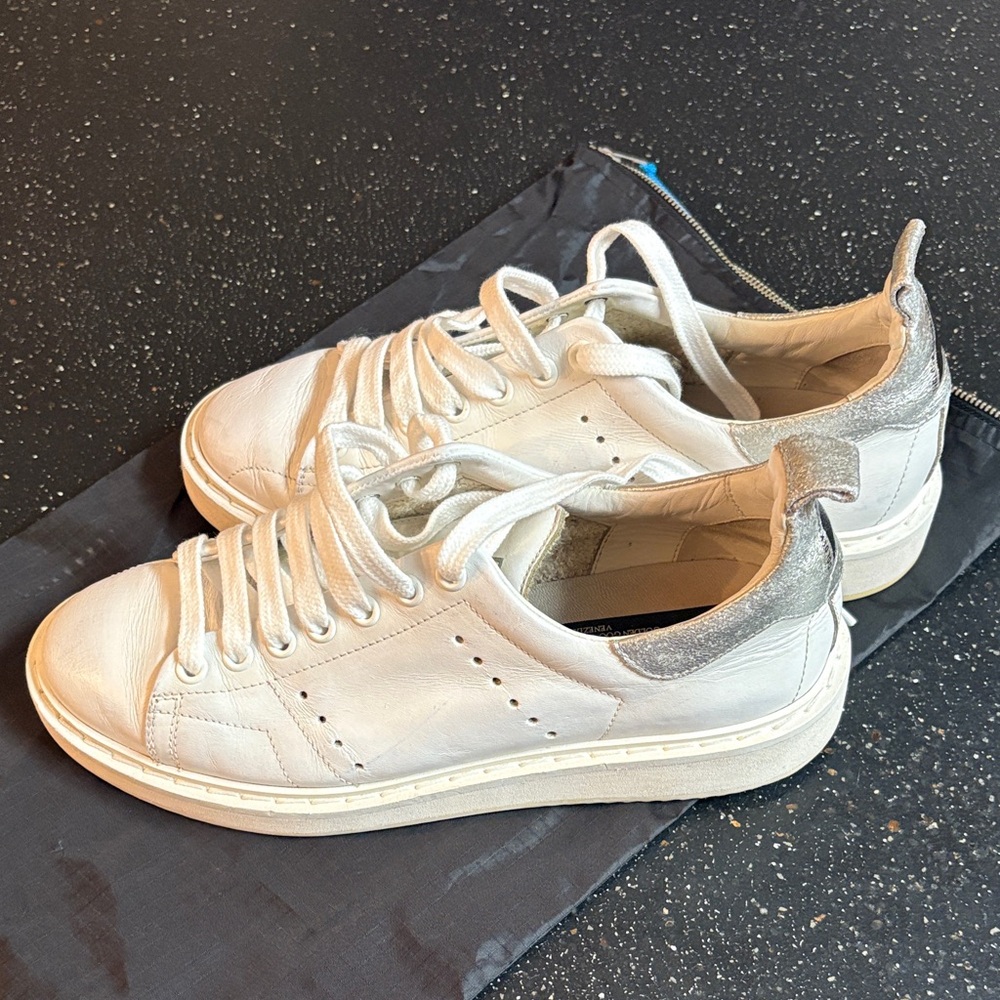 GoldenGoose White and Silver Sneakers